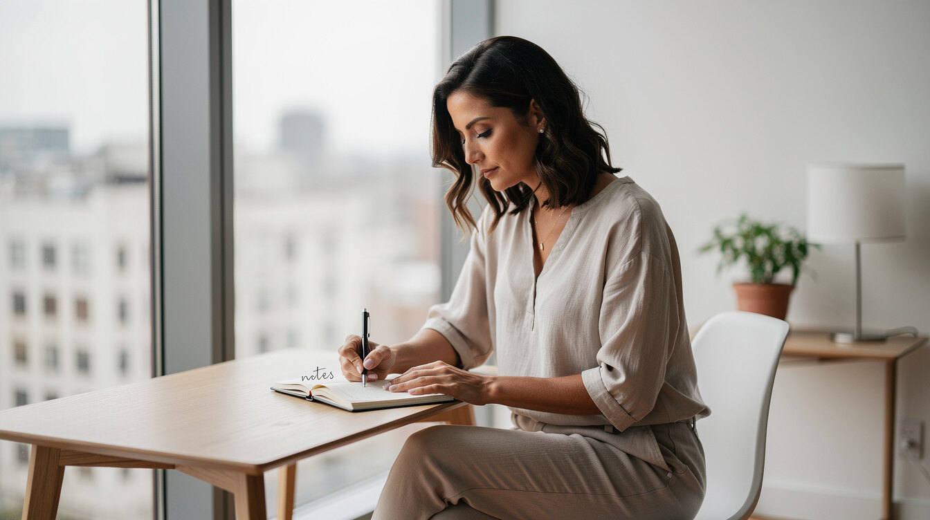 Mulher brasileira escrevendo em um caderno de desenvolvimento pessoal perto de uma janela