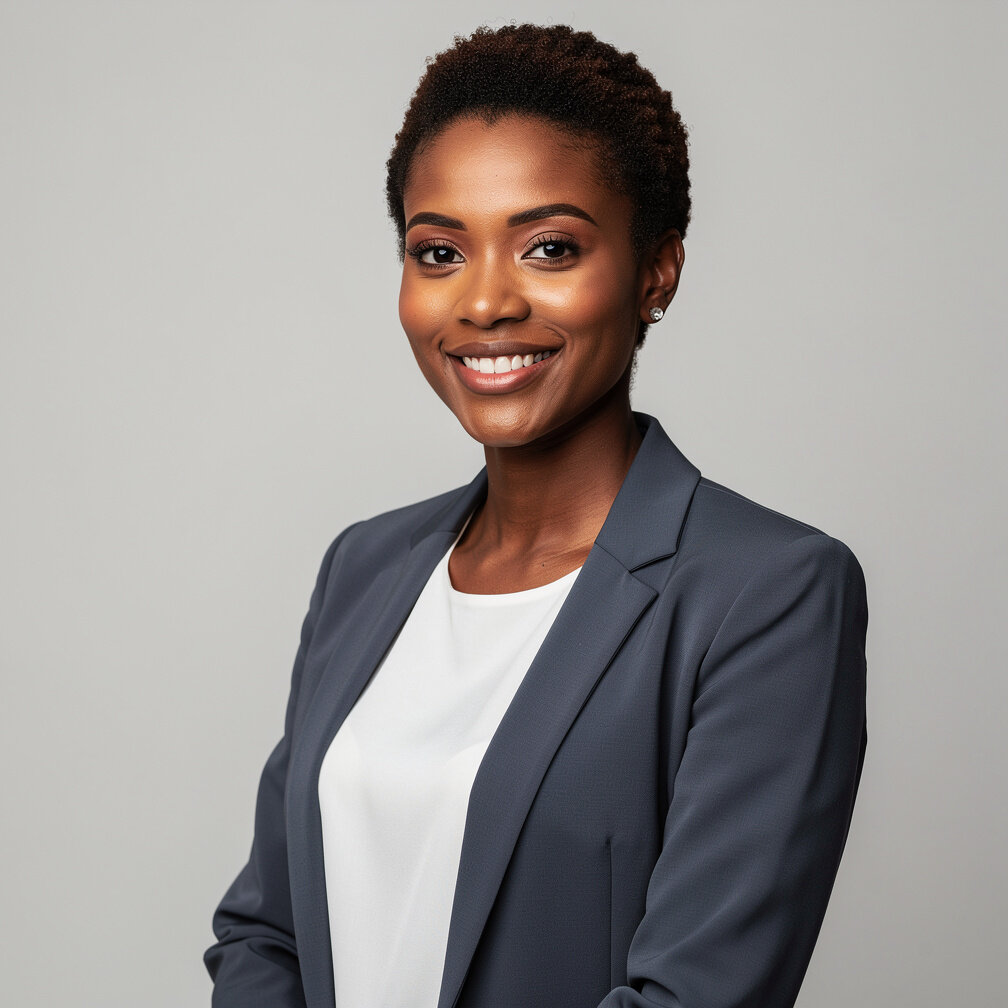 Retrato de estúdio de uma mulher brasileira negra sorrindo, roupa casual de negócios